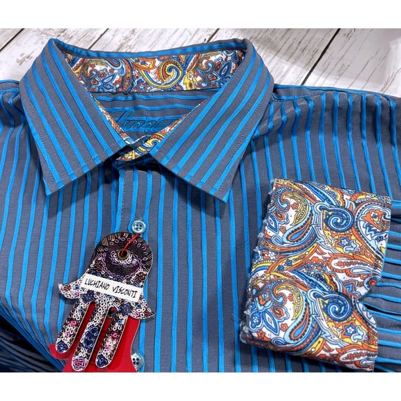 Luchiano Visconti Other - Luchiano Visconti Shirt Men's XXL Button Down Striped Paisley Flip Cuff NWT